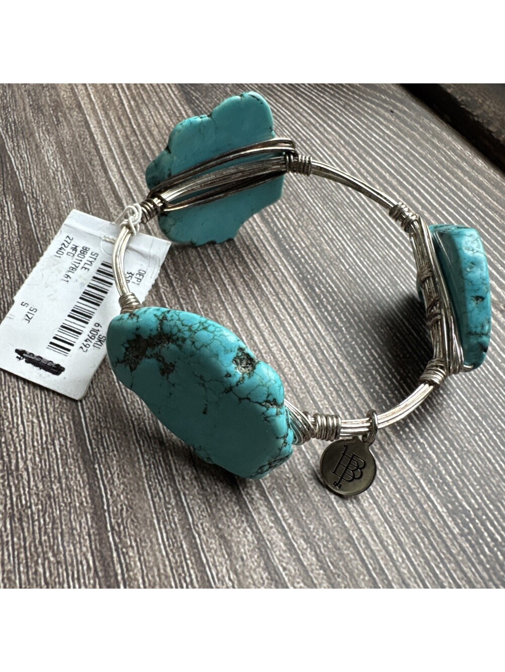 Bourbon & Boweties Gold Tone Bangle Bracelet Wrapped Wire with 3 Natural Stones
